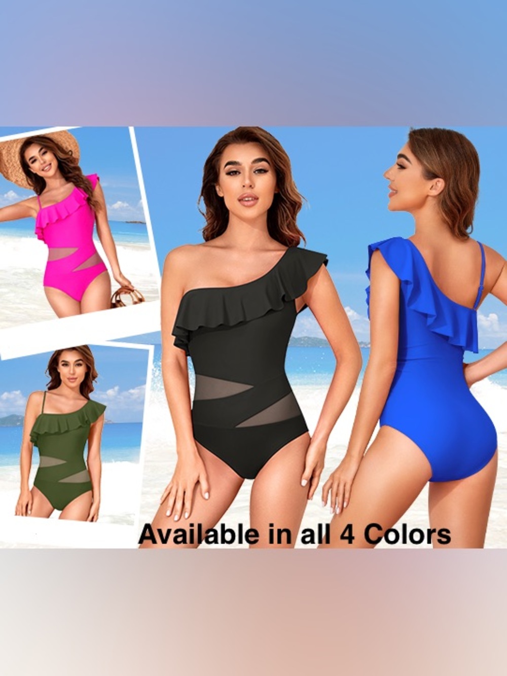 Ruffled One Shoulder Mesh Cutout One Piece Swimsuits, 4 Colors Available